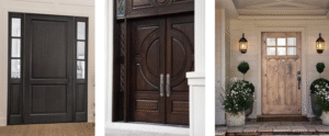 3 image carousel with each image of wooden doors in front of a home. 